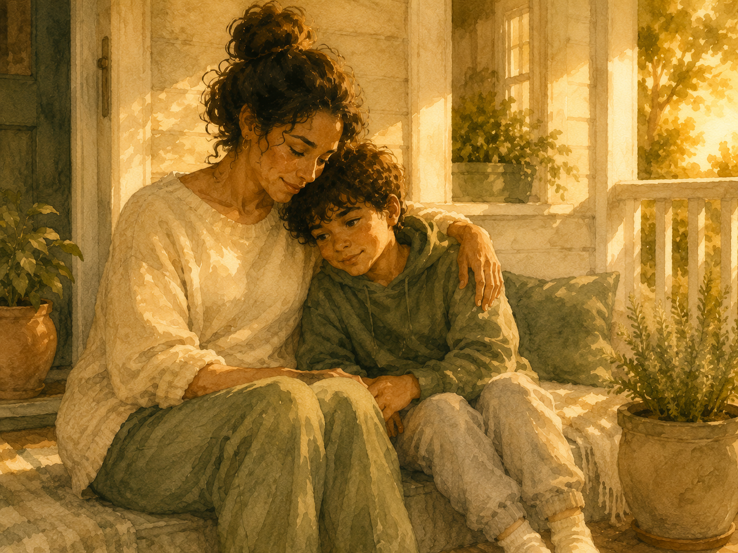 A parent and child sitting side by side, the child leaned in, golden-hour light, quiet relief