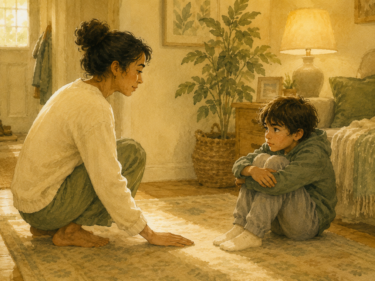 A parent crouched at a child's level, turned slightly sideways, one hand open and relaxed on the floor between them