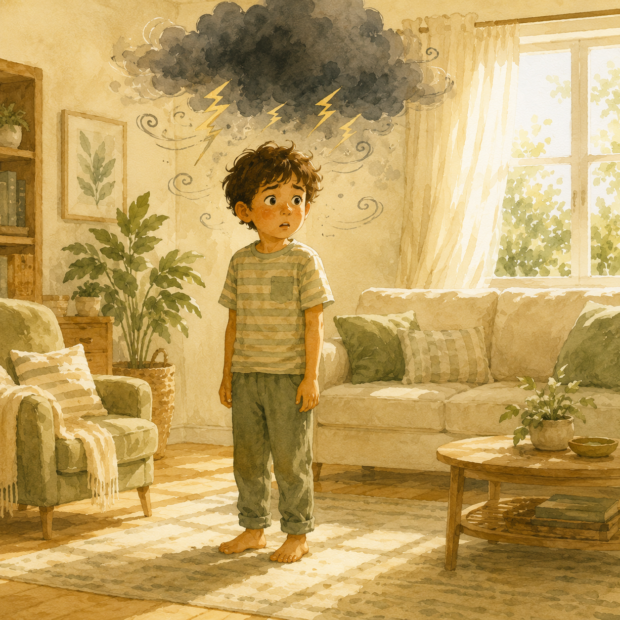A child stands in a sunny room with a small storm cloud above their head — a visual metaphor for a trauma reminder response