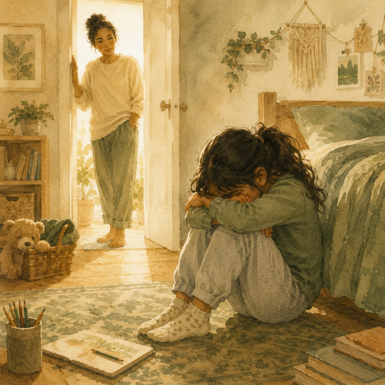 A child curled up on a bedroom floor, withdrawn, while a calm adult stands quietly in the doorway