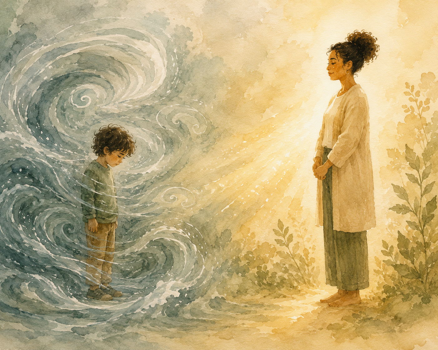 A child surrounded by swirling wind on the left; a steady calm adult like a lighthouse on the right, warm light reaching toward the child