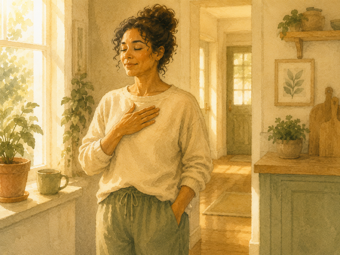 A parent standing alone, eyes closed, one hand on their chest, taking a deliberate breath