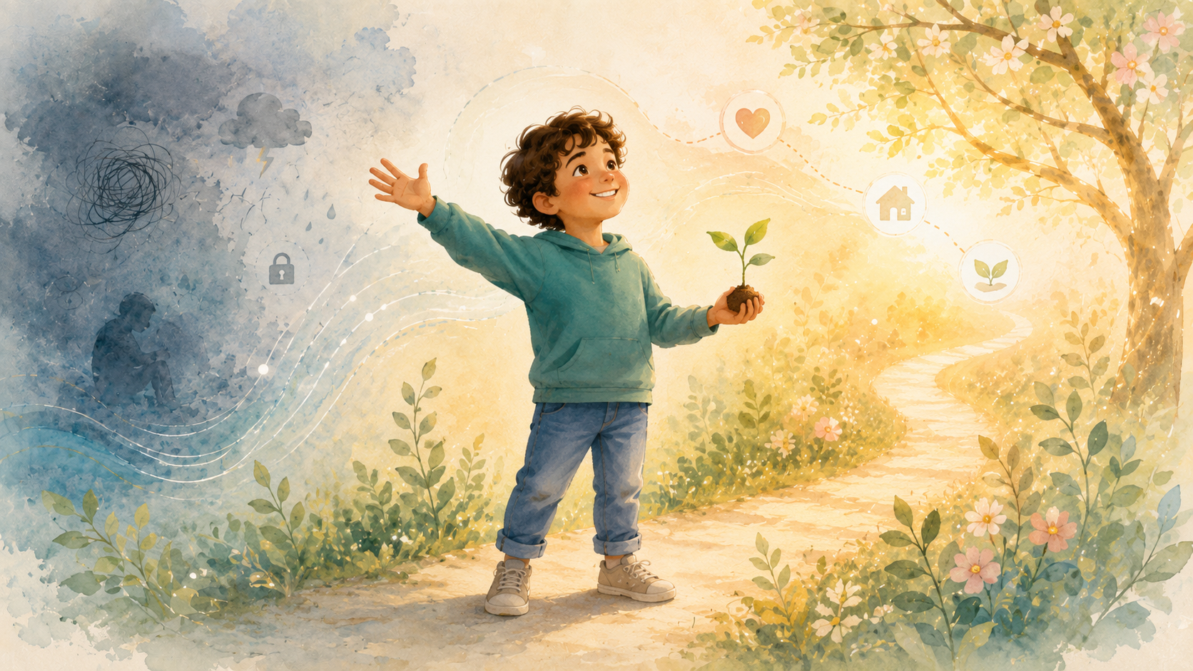 A child standing triumphantly — hope for healing from trauma