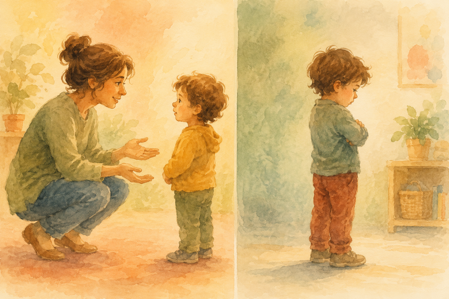 A patient adult crouched at a child's level with open hands; the child turned slightly away but not closed off