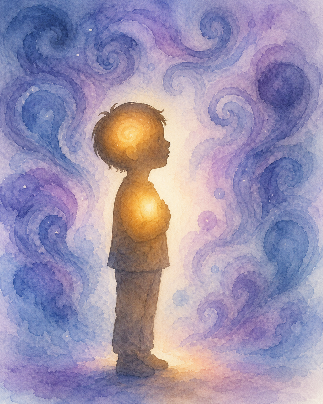 A child standing at the edge of something new, uncertain but curious, warm light ahead