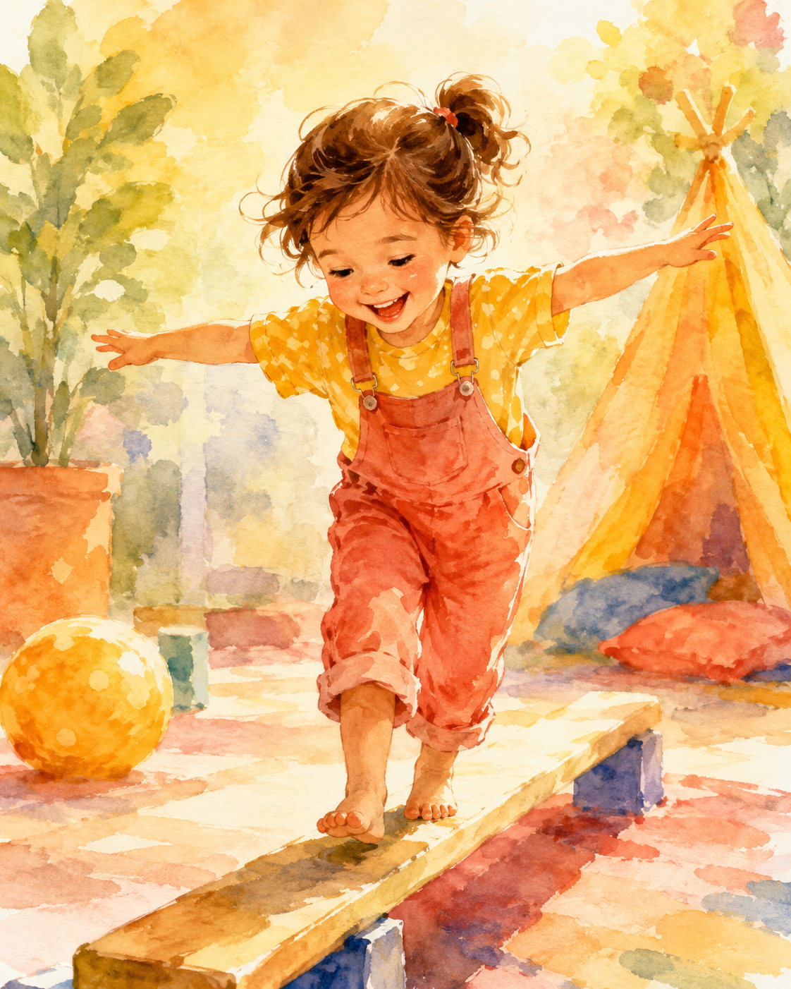 A child mid-try, arms out, big delighted smile, bright joyful watercolor palette