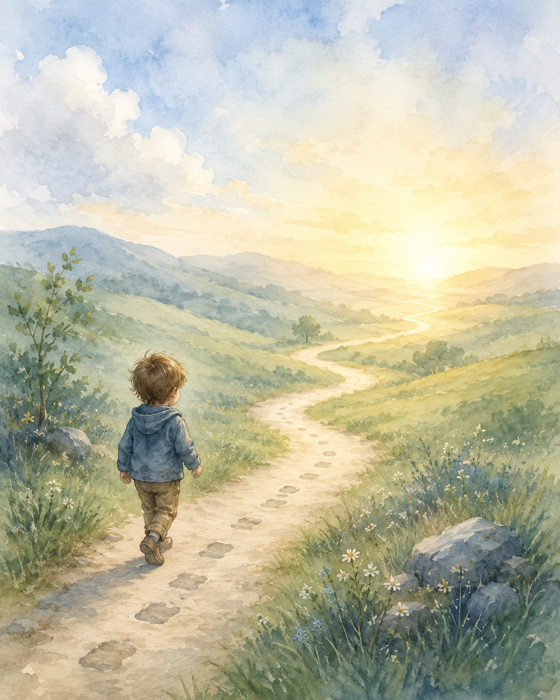 A child taking one small step forward on a winding path, soft greens and warm light on the horizon