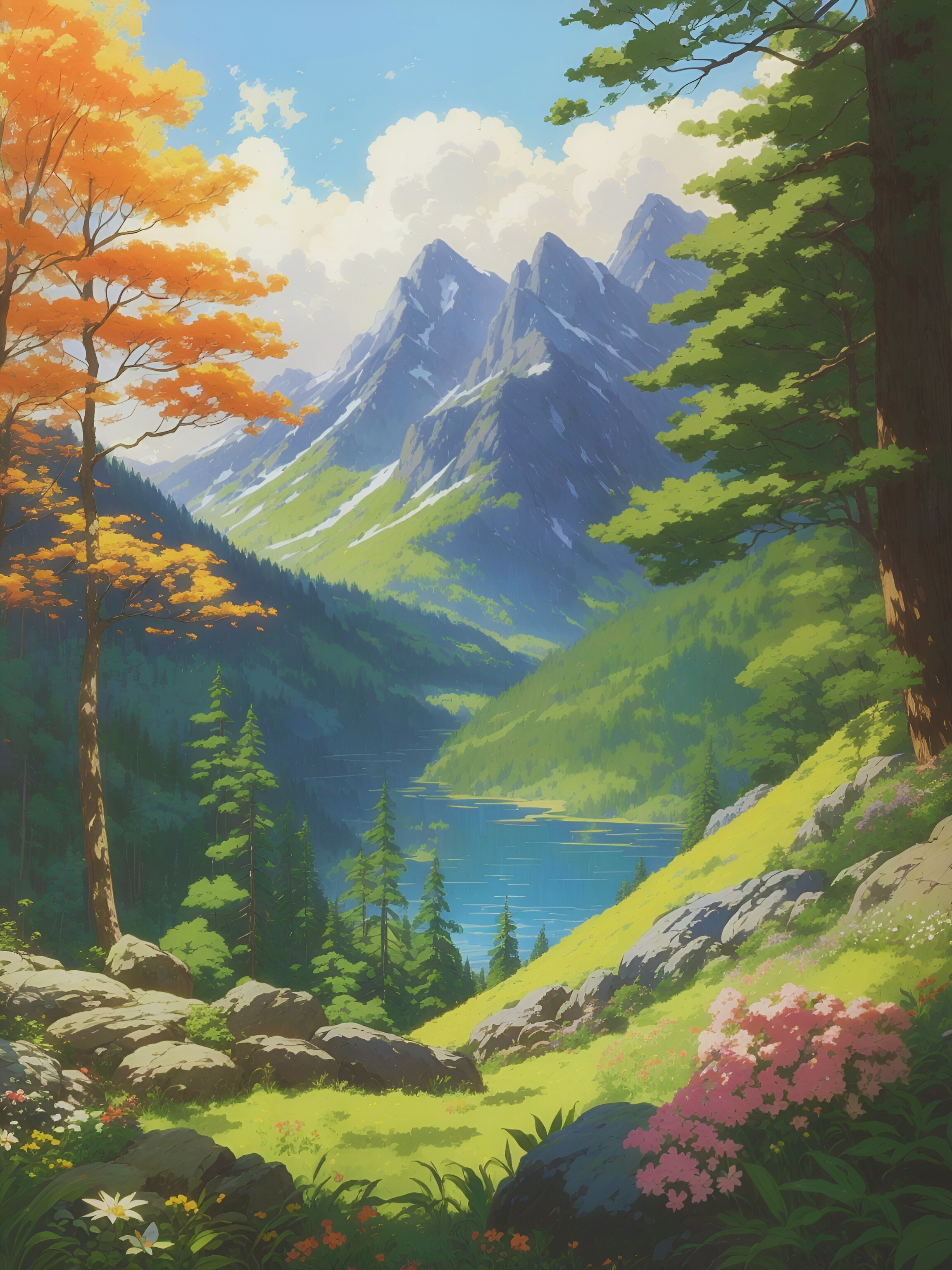 Book cover &mdash; a painterly forest, mountain, and lake