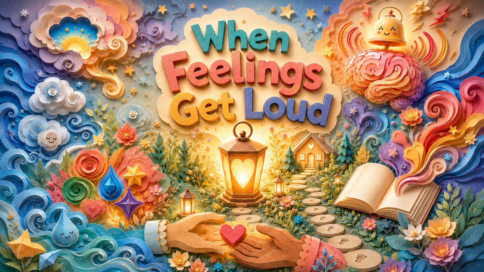 When Feelings Get Loud — a paper-craft world of clouds, a glowing lantern, a winding path home, and hands sharing a heart.